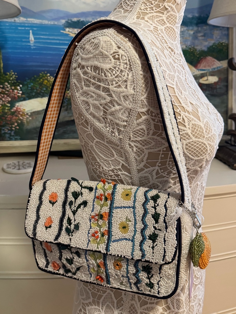 India Beaded Bag Sequin Spring Flower Vine Orange Fruit Charm Gingham Strap
